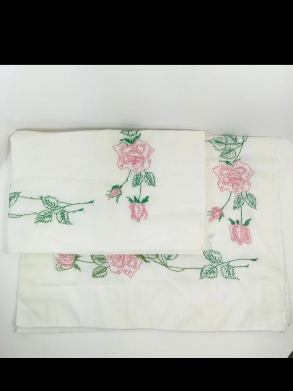 Vtg Floral Hand Embroidered White Pillowcase Set with Pink Roses